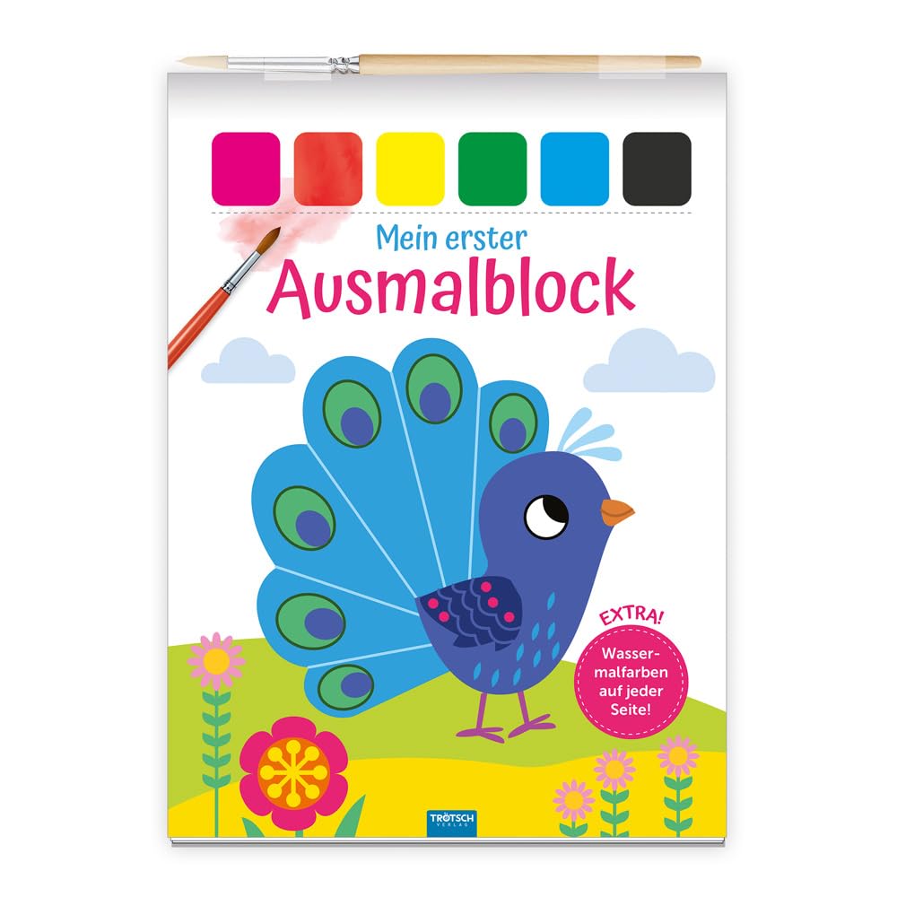 TRÖTSCH - Mein erster Ausmalblock "Pfau" | Malbuch mit Wassermalfarben auf jeder Seite | Ab 3 Jahren: Kunterbuntes Ausmalbuch mit niedlichen Motiven ... Malbuch inklusive Pinsel | Ab 3 Jahren Non-fiction