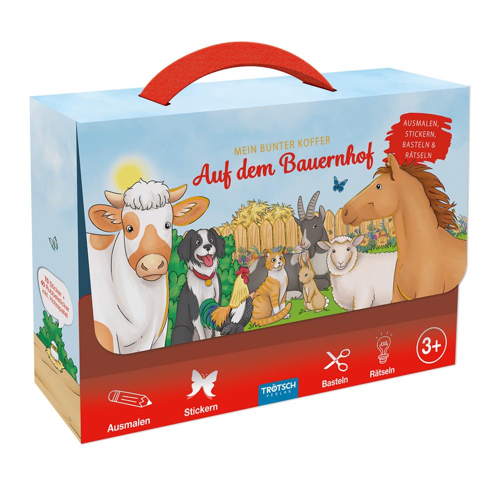 TRÖTSCH - Beschäftigungskoffer Mein bunter Koffer Auf dem Bauernhof | Koffer mit einem Spiel- und Malbuch, Stickerseiten und Minipostern | Ab 3 Jahren Tiptoi & Games
