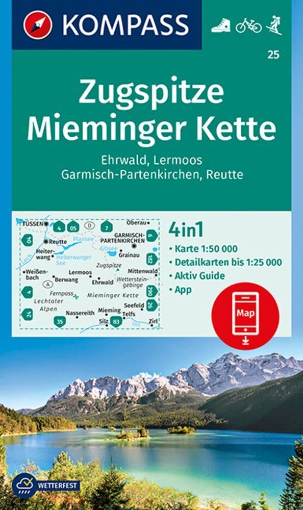 KOMPASS Wanderkarte 25 Zugspitze, Mieminger Kette, Ehrwald, Lermoos, Garmisch-Partenkirchen, Reutte 1:50.000: 4in1 Wanderkarte mit Aktiv Guide und ... in der KOMPASS-App. Fahrradfahren. Skitouren. Leisure, Home & Garden