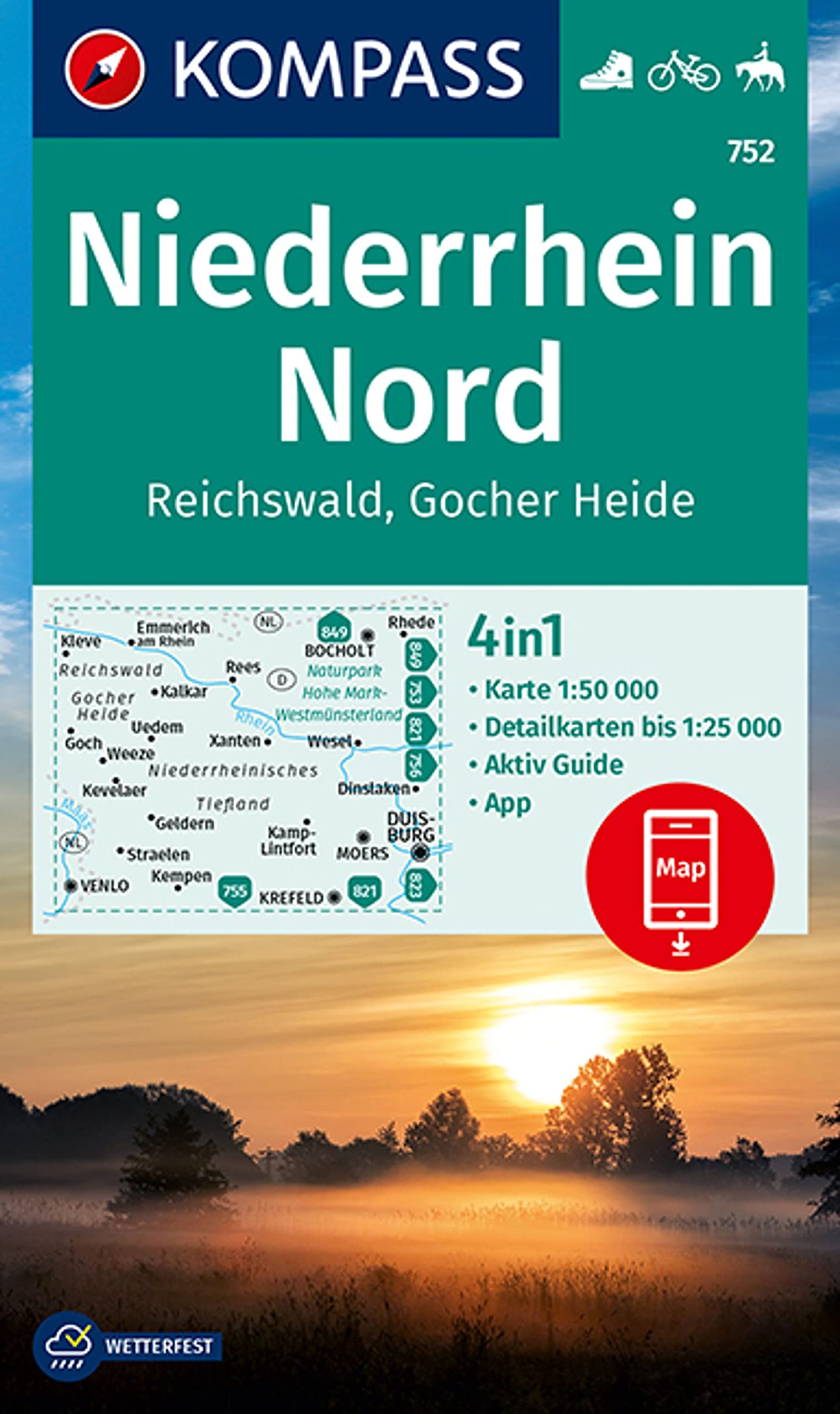 KOMPASS Wanderkarte 752 Niederrhein Nord, Reichswald, Gocher Heide 1:50.000: 4in1 Wanderkarte, mit Aktiv Guide und Detailkarten inklusive Karte zur ... in der KOMPASS-App. Fahrradfahren. Reiten. Leisure, Home & Garden