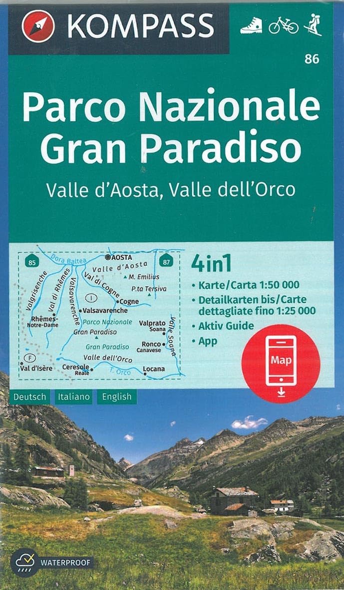 KOMPASS Wanderkarte Parco Nazionale Gran Paradiso, Valle d'Aosta, Valle dell'Orco: 4in1 Wanderkarte 1:50000 mit Aktiv Guide und Detailkarten inklusive ... Skitouren. (KOMPASS-Wanderkarten, Band 86) Leisure, Home & Garden