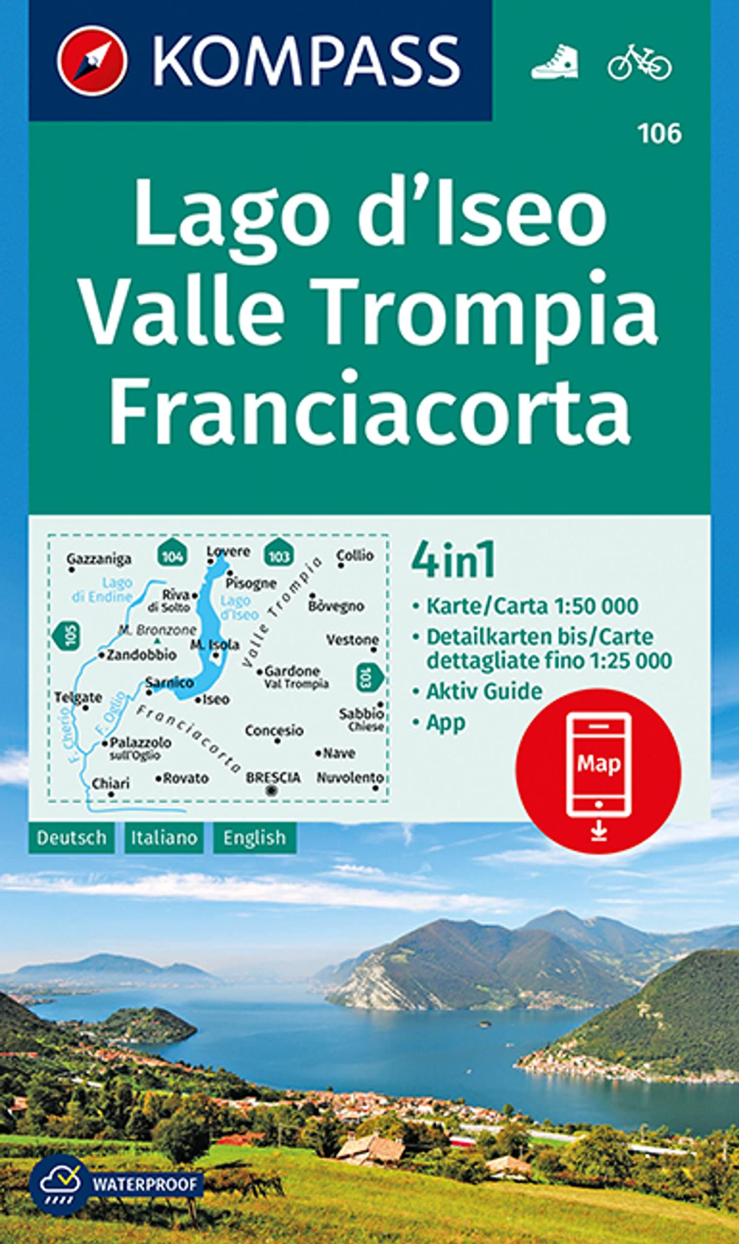 KOMPASS Wanderkarte 106 Lago d'Iseo, Valle Trompia, Franciacorta 1:50.000: 4in1 Wanderkarte, mit Aktiv Guide und Detailkarten inklusive Karte zur offline Verwendung in der KOMPASS-App. Fahrradfahren. Leisure, Home & Garden