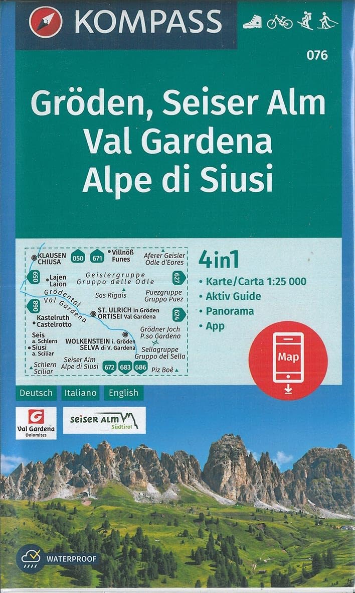KOMPASS Wanderkarte 076 Gröden, Seiser Alm, Val Gardena, Alpe di Siusi 1:25.000: 4in1 Wanderkarte, mit Panorama und Aktiv Guide inklusive Karte zur ... Fahrradfahren. Skitouren. Langlaufen. Leisure, Home & Garden