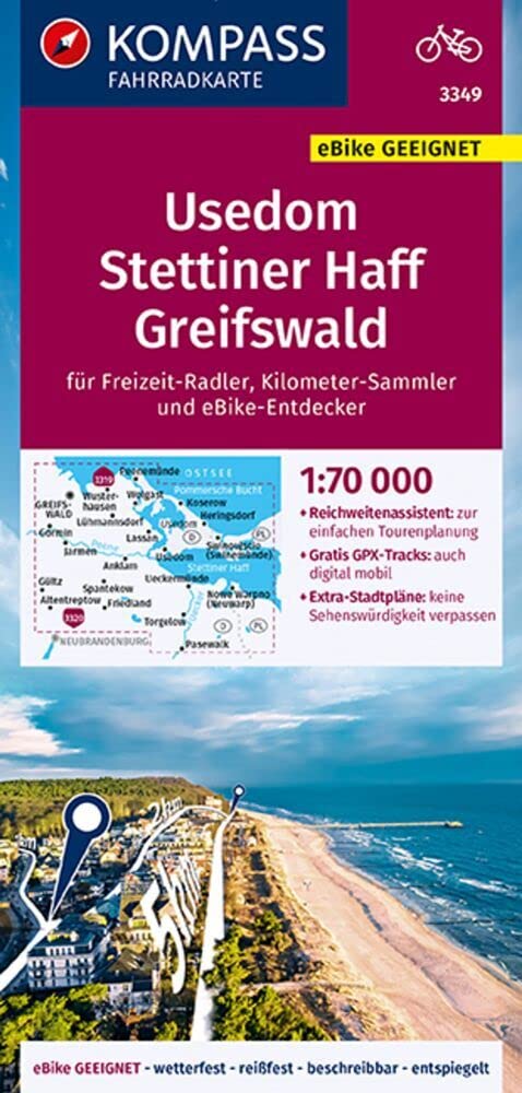 KOMPASS Fahrradkarte 3349 Usedom, Stettiner Haff, Greifswald 1:70.000: reiß- und wetterfest mit Extra Stadtplänen Leisure, Home & Garden