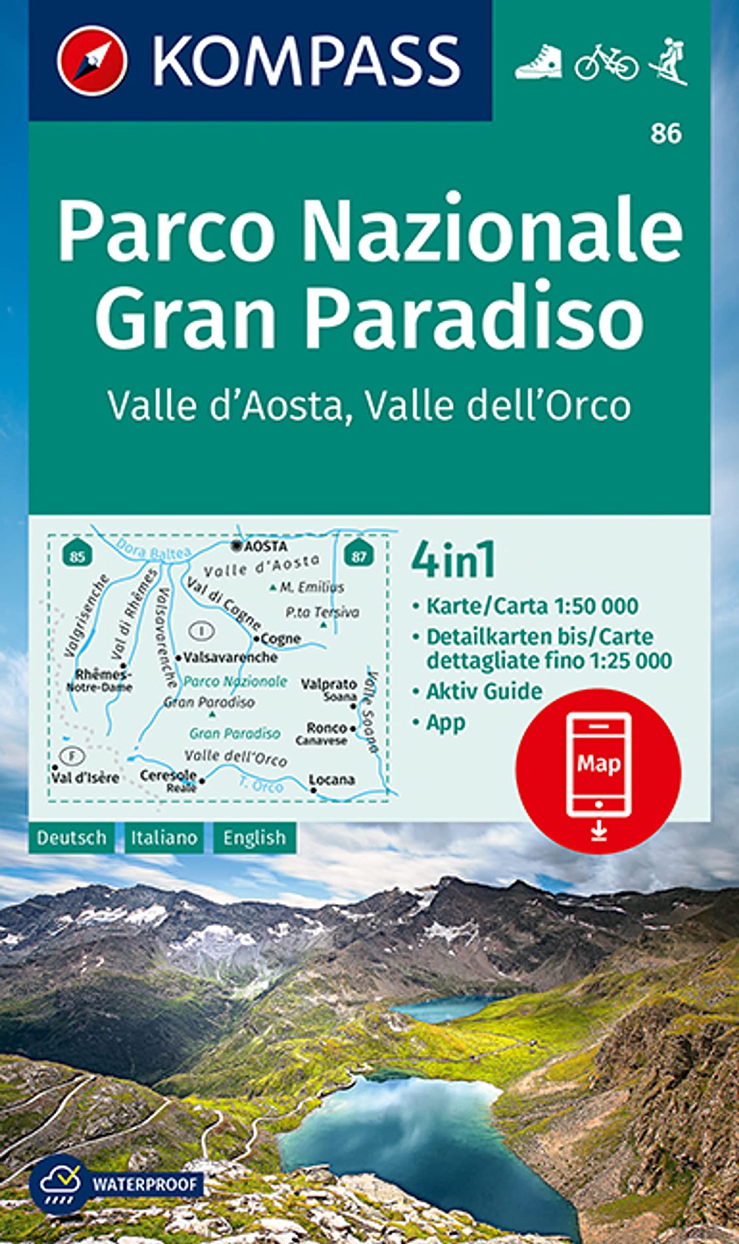 KOMPASS Wanderkarte 86 Parco Nazionale Gran Paradiso, Valle d'Aosta, Valle dell'Orco 1:50.000: 4in1 Wanderkarte mit Aktiv Guide und Detailkarten ... in der KOMPASS-App. Fahrradfahren. Skitouren. Leisure, Home & Garden