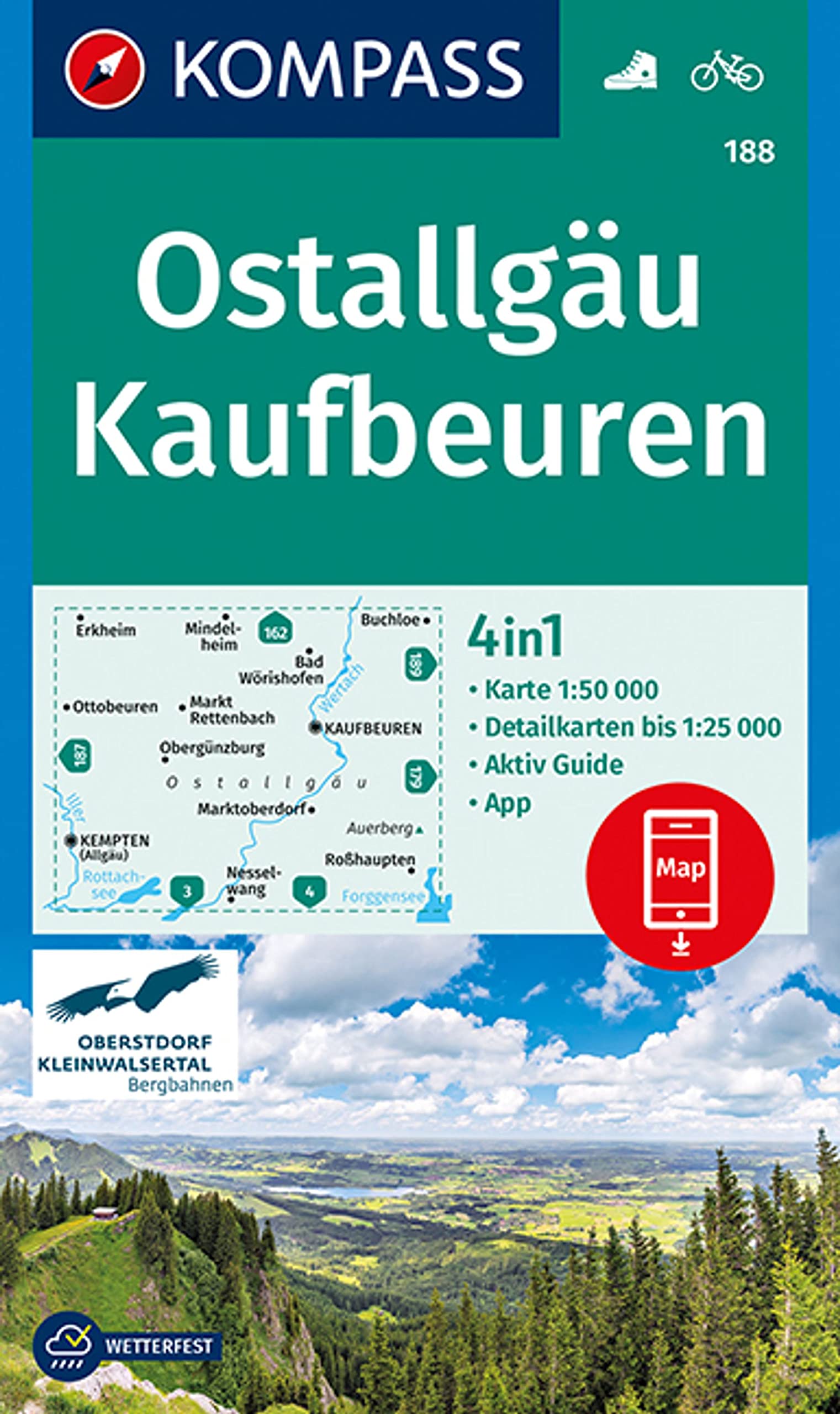 KOMPASS Wanderkarte 188 Ostallgäu, Kaufbeuren: 4in1 Wanderkarte 1:50000 mit Aktiv Guide und Detailkarten inklusive Karte zur offline Verwendung in der KOMPASS-App. Fahrradfahren. book