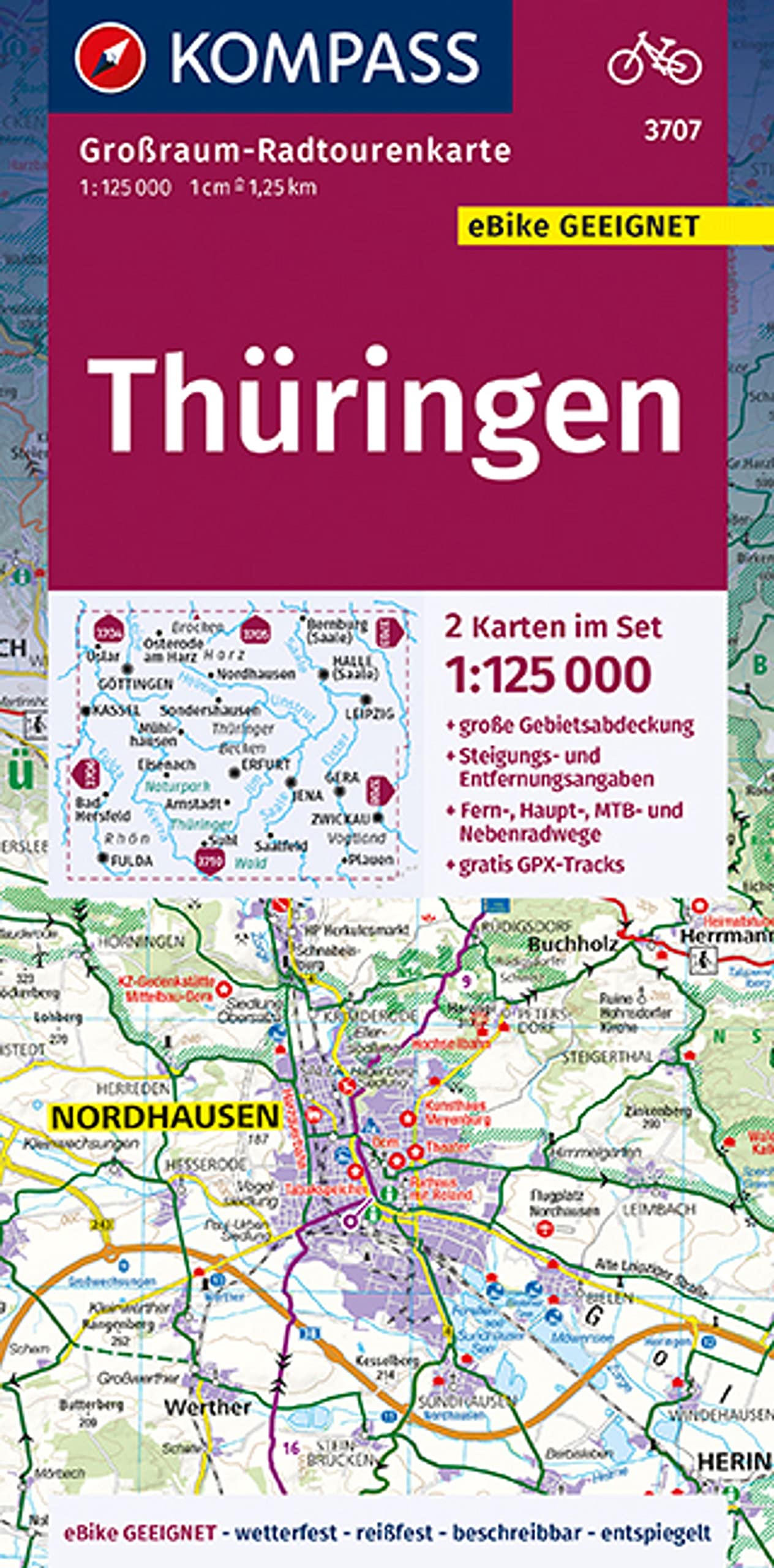 KOMPASS Großraum-Radtourenkarte Thüringen, 1:125000 book