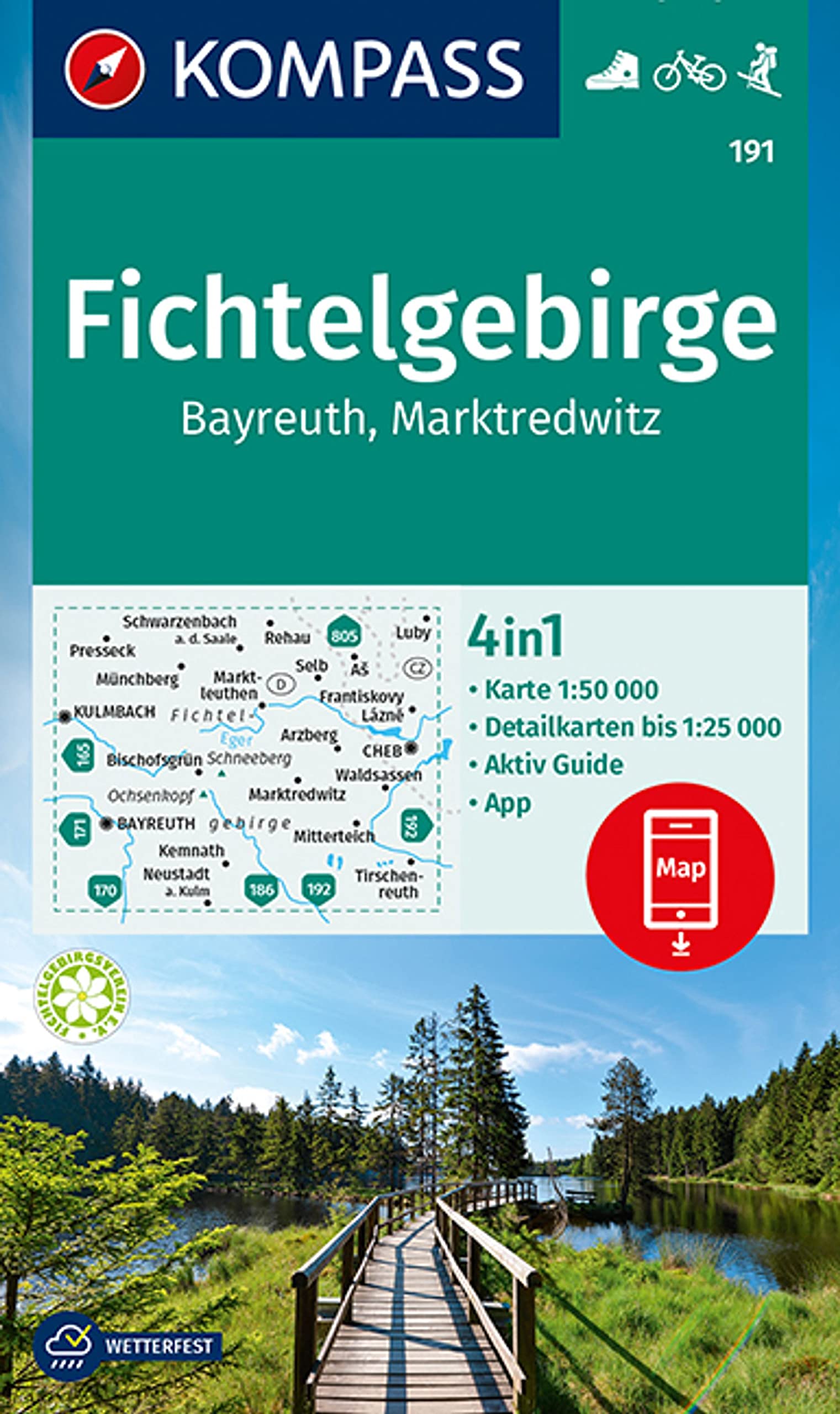 KOMPASS Wanderkarte 191 Fichtelgebirge, Bayreuth, Marktredwitz 1:50.000: 4in1 Wanderkarte mit Aktiv Guide und Detailkarten inklusive Karte zur offline ... der KOMPASS-App. Fahrradfahren. Langlaufen. Maps & Plans