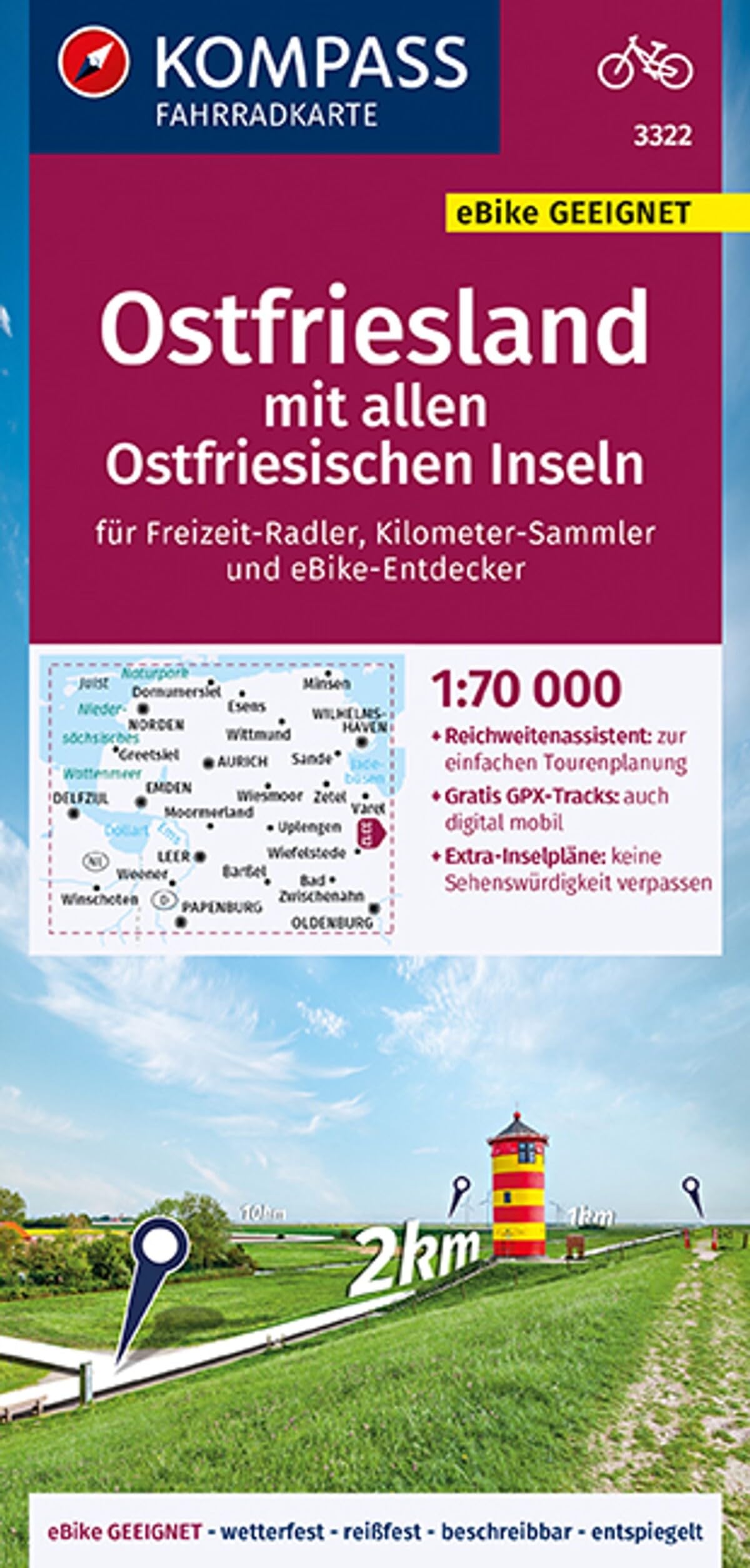 KOMPASS Fahrradkarte 3322 Ostfriesland mit allen Ostfriesischen Inseln 1:70.000: reiß- und wetterfest mit Extra Stadtplänen Leisure, Home & Garden