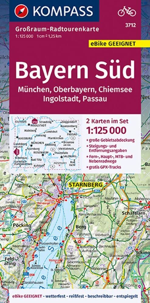 KOMPASS Großraum-Radtourenkarte 3712 Bayern Süd, Oberbayern, Chiemsee, Ingolstadt, Passau, München 1:125.000 Leisure, Home & Garden