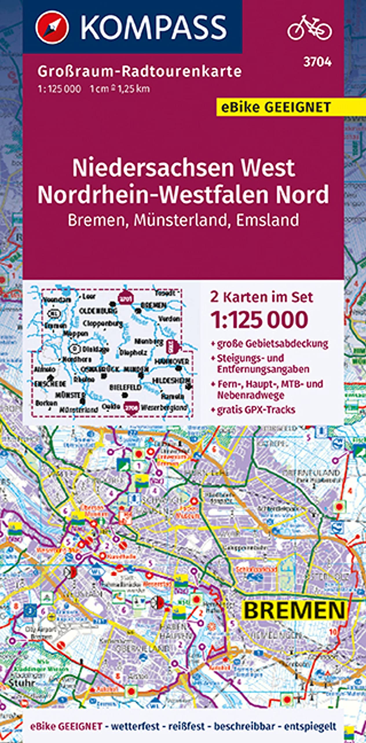 KOMPASS Großraum-Radtourenkarte 3704 Niedersachsen West, Nordrhein-Westfalen Nord 1:125.000 Leisure, Home & Garden
