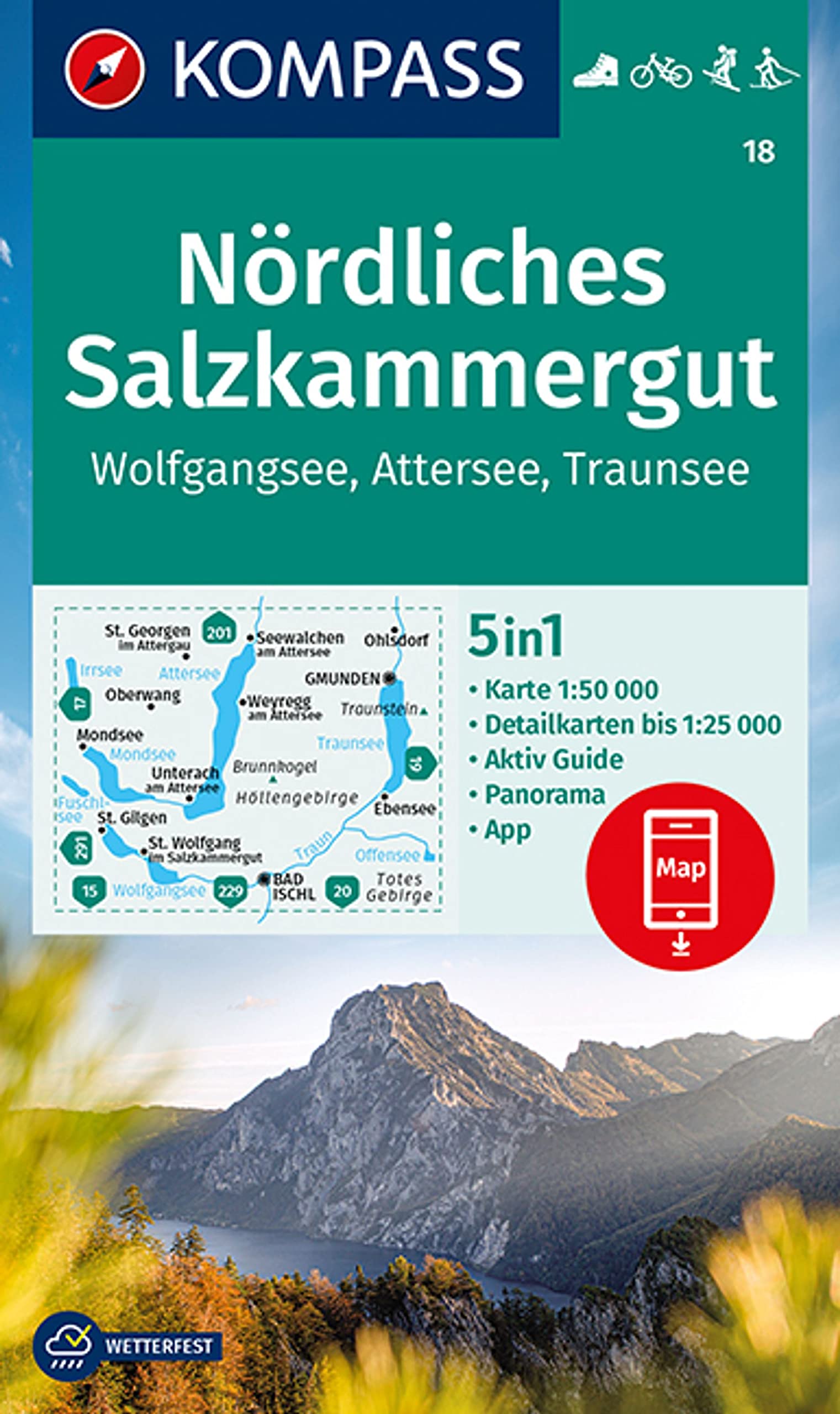 KOMPASS Wanderkarte 18 Nördliches Salzkammergut, Wolfgangsee, Attersee, Traunsee 1:50.000: 5in1 Wanderkarte mit Panorama, Aktiv Guide und Detailkarten ... Fahrradfahren. Skitouren. Langlaufen. Leisure, Home & Garden
