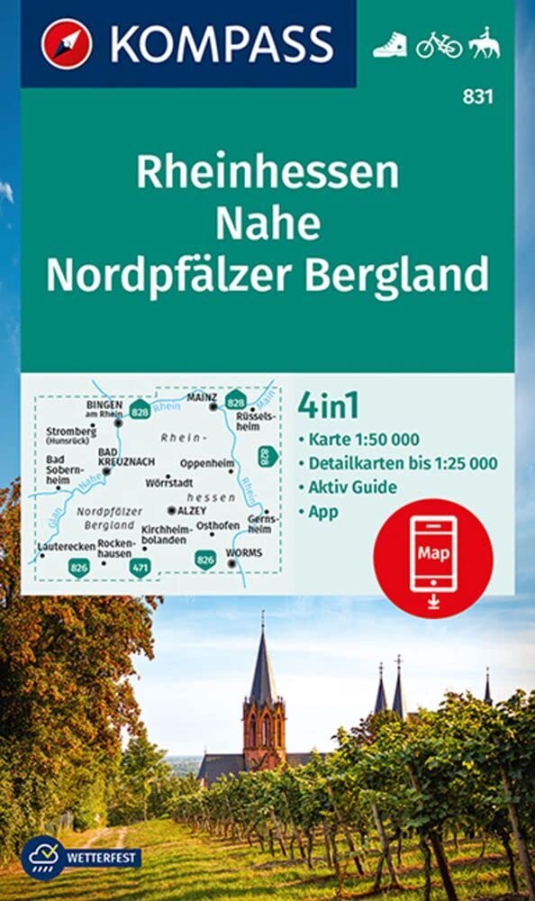 KOMPASS Wanderkarte 831 Rheinhessen, Nahe, Nordpfälzer Bergland 1:50.000: 4in1 Wanderkarte mit Aktiv Guide und Detailkarten inklusive Karte zur ... in der KOMPASS-App. Fahrradfahren. Reiten. Leisure, Home & Garden