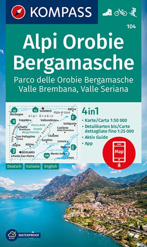 KOMPASS Wanderkarte 104 Alpi Orobie Bergamasche 1:50.000: 4in1 Wanderkarte mit Aktiv Guide und Detailkarten inklusive Karte zur offline Verwendung in der KOMPASS-App. Fahrradfahren. Skitouren. Leisure, Home & Garden