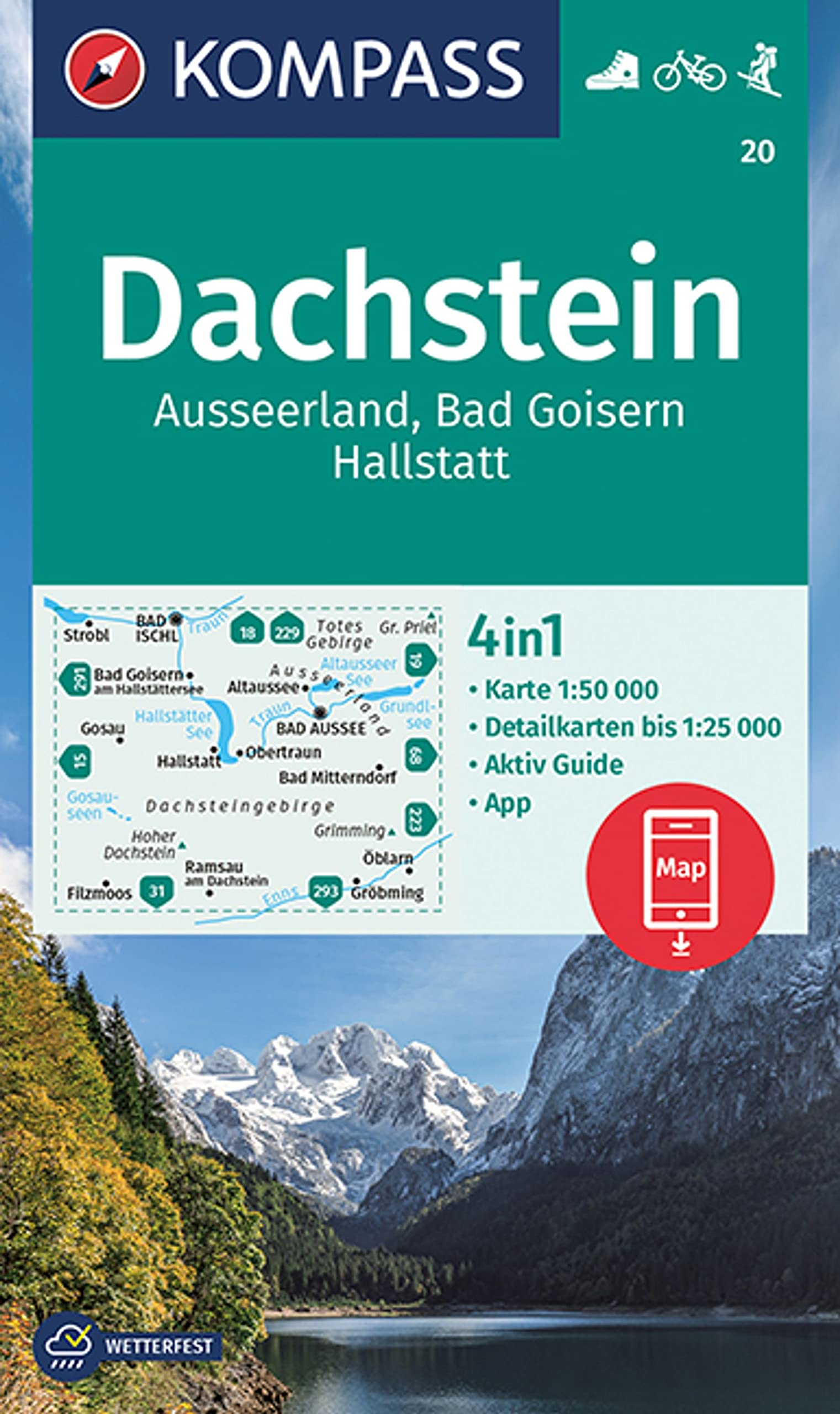 KOMPASS Wanderkarte 20 Dachstein, Ausseerland, Bad Goisern, Hallstatt 1:50.000: 4in1 Wanderkarte mit Aktiv Guide und Detailkarten inklusive Karte zur ... in der KOMPASS-App. Fahrradfahren. Skitouren. Maps & Plans