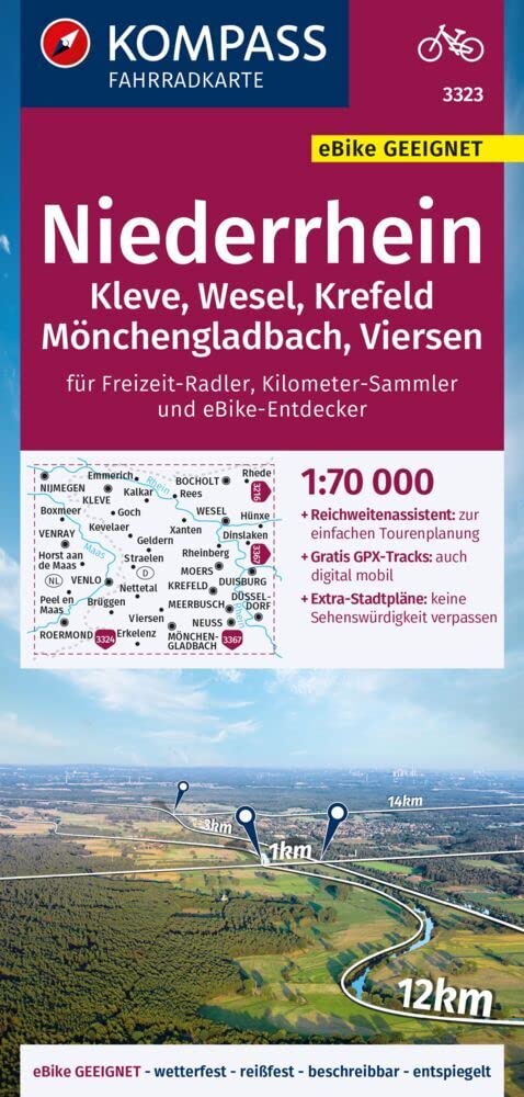KOMPASS Fahrradkarte 3323 Niederrhein, Kleve, Wesel, Krefeld, Mönchengladbach, Viersen mit Knotenpunkten 1:70.000 Leisure, Home & Garden
