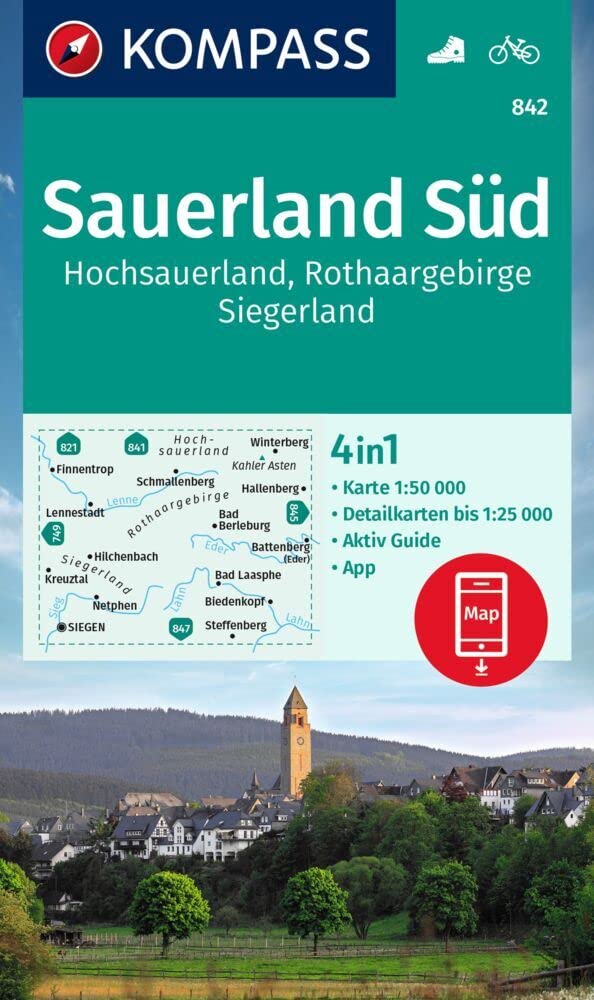 KOMPASS Wanderkarte 842 Sauerland Süd, Hochsauerland, Rothaargebirge, Siegerland 1:50.000: 4in1 Wanderkarte, mit Aktiv Guide und Detailkarten ... Verwendung in der KOMPASS-App. Fahrradfahren. Leisure, Home & Garden