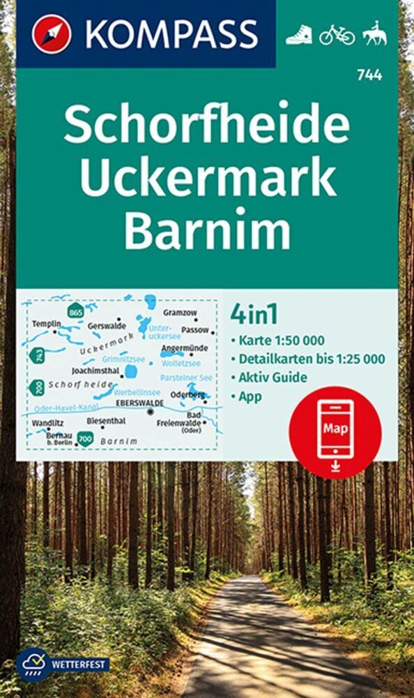 KOMPASS Wanderkarte Schorfheide, Uckermark, Barnim 744: 4in1 Wanderkarte 1:50000 mit Aktiv Guide und Detailkarten inklusive Karte zur offline ... Reiten. (KOMPASS-Wanderkarten, Band 744) Leisure, Home & Garden