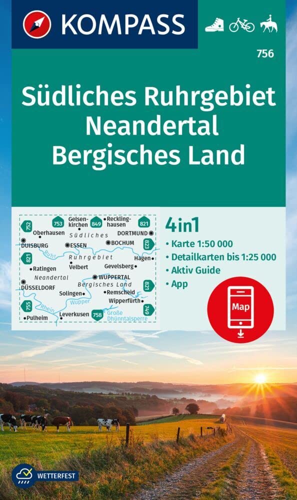 KOMPASS Wanderkarte 756 Südliches Ruhrgebiet, Neandertal, Bergisches Land 1:50.000: 4in1 Wanderkarte, mit Aktiv Guide und Detailkarten inklusive Karte ... in der KOMPASS-App. Fahrradfahren. Reiten. Leisure, Home & Garden