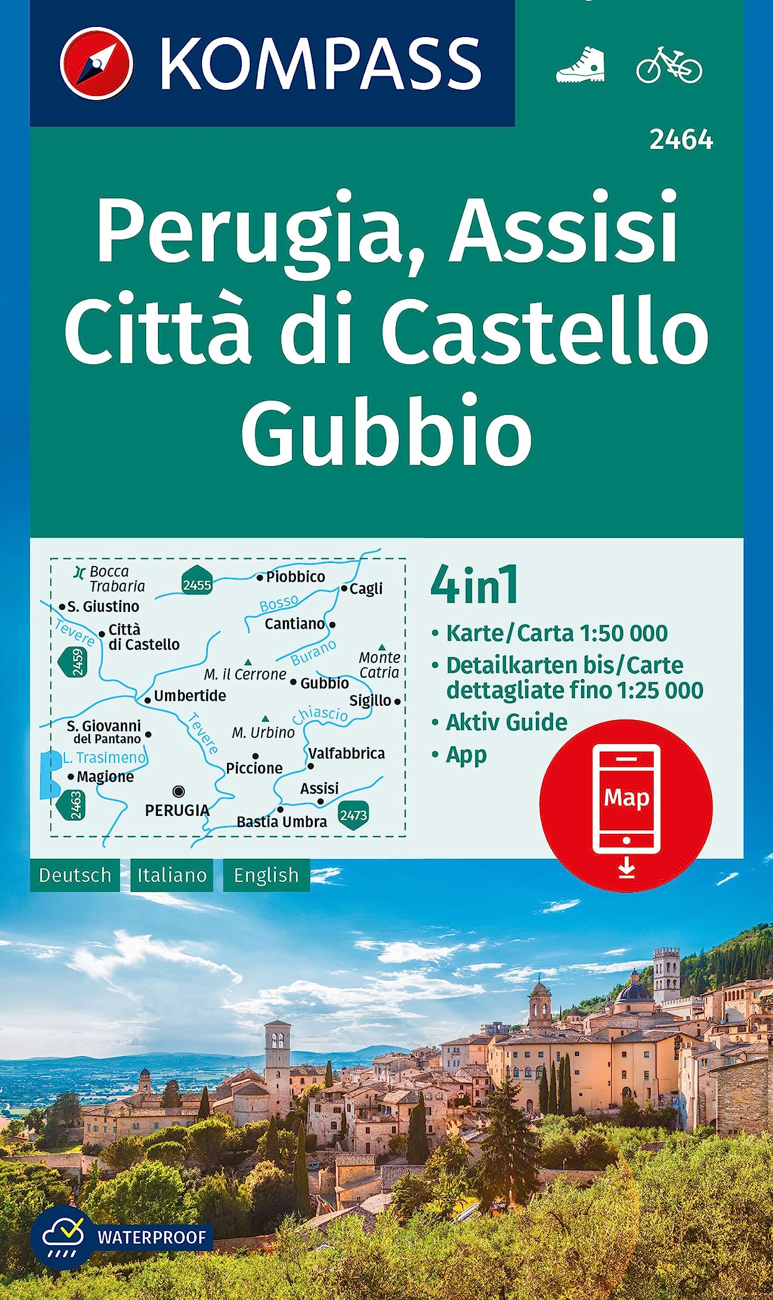 KOMPASS Wanderkarte 2464 Perugia, Assisi, Città di Castello, Gubbio 1:50.000: 4in1 Wanderkarte mit Aktiv Guide und Detailkarten inklusive Karte zur ... Verwendung in der KOMPASS-App. Fahrradfahren. Leisure, Home & Garden
