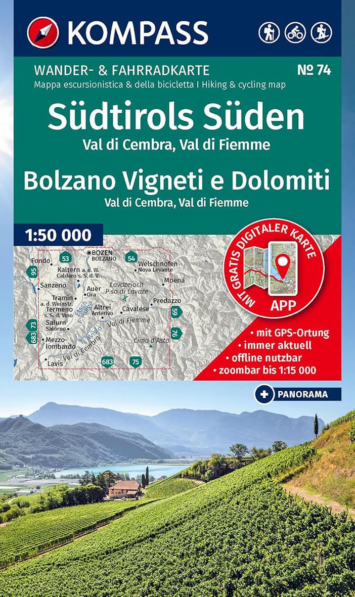KOMPASS Wanderkarte 74 Südtirols Süden / Bolzano Vigneti e Dolomiti, Val di Cembra, Val di Fiemme 1:50.000 Leisure, Home & Garden