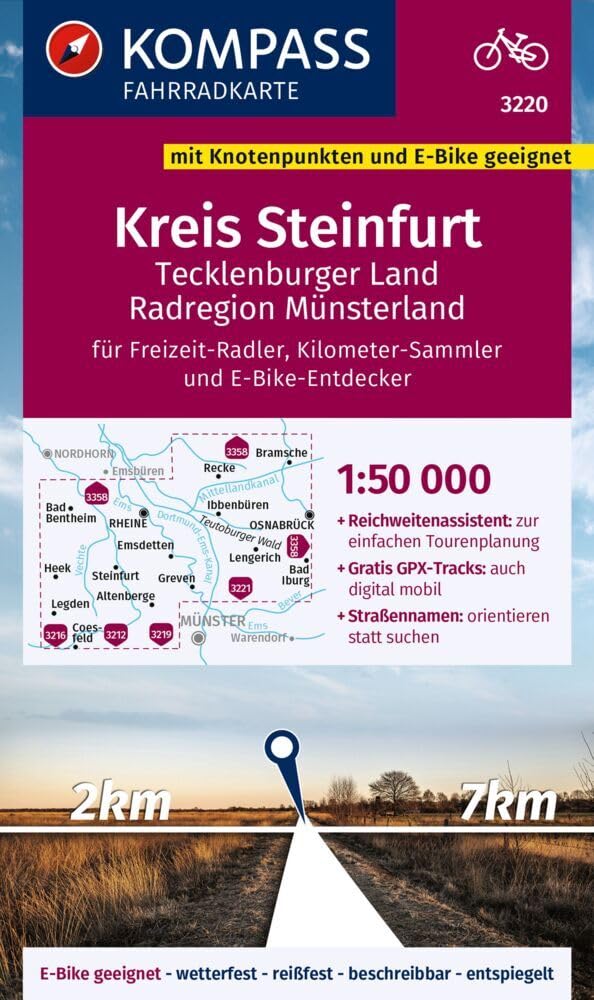 KOMPASS Fahrradkarte 3220 Kreis Steinfurt, Tecklenburger Land, Radregion Münsterland mit Knotenpunkten 1:50.000 book