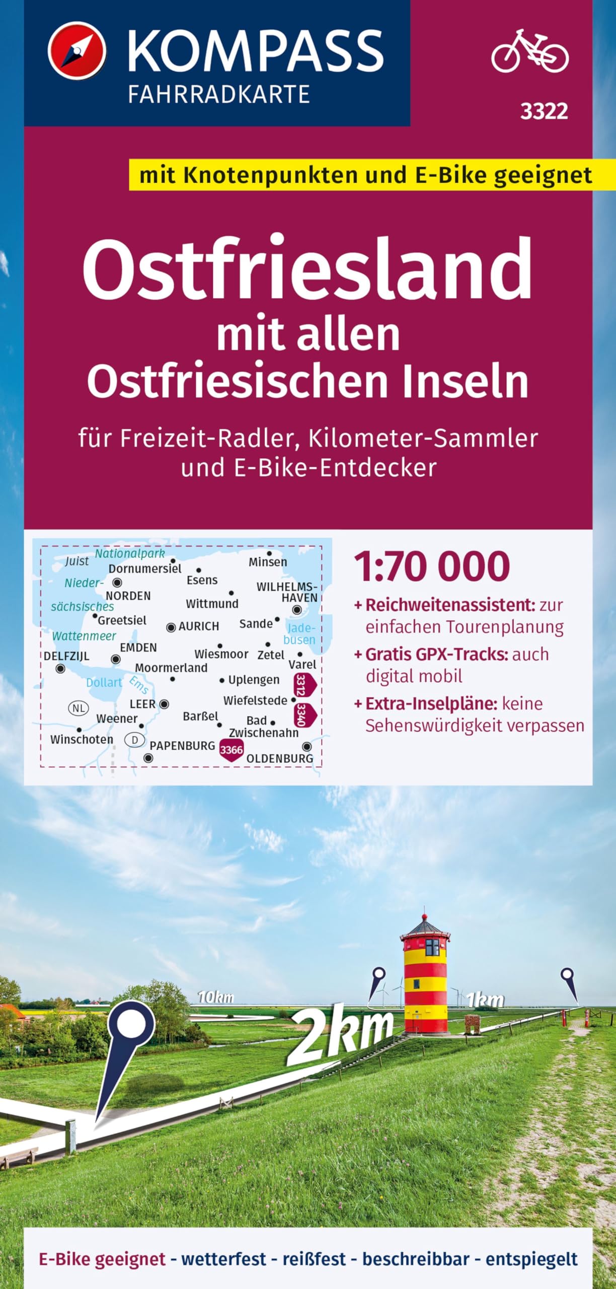 KOMPASS Fahrradkarte 3322 Ostfriesland mit allen Ostfriesischen Inseln mit Knotenpunkten 1:70.000: reiß- und wetterfest mit Extra Stadtplänen Leisure, Home & Garden