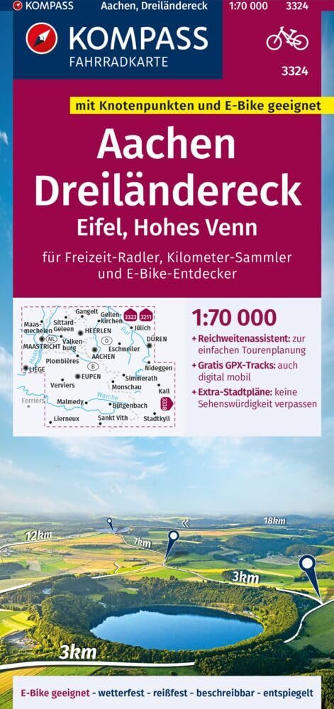 KOMPASS Fahrradkarte 3324 Aachen, Dreiländereck, Eifel, Hohes Venn mit Knotenpunkten 1:70.000: reiß- und wetterfest mit Extra Stadtplänen Leisure, Home & Garden
