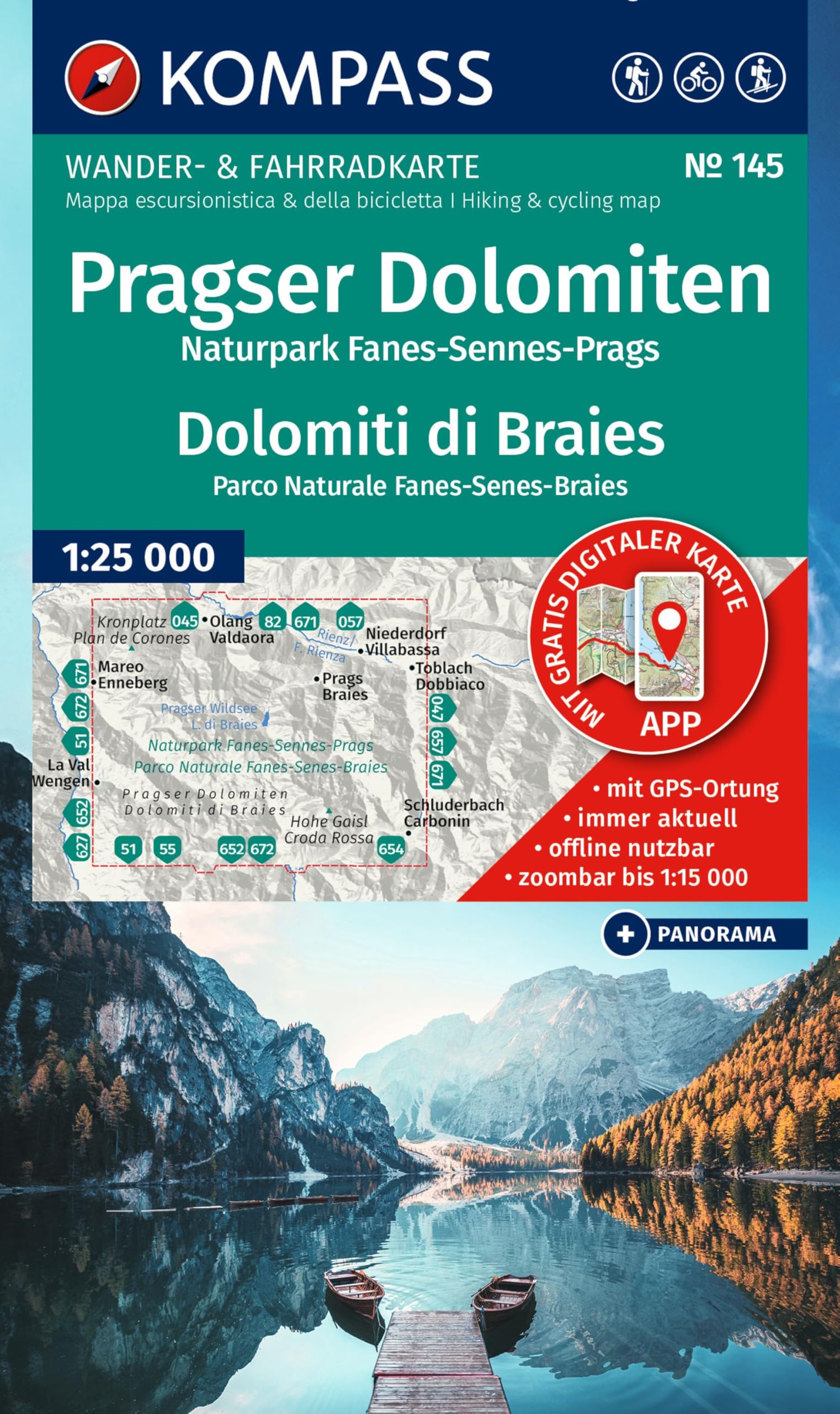 KOMPASS Wanderkarte 145 Pragser Dolomiten, Naturpark Fanes-Sennes-Prags / Dolomiti di Braies, Parco Naturale Fanes-Senes-Braies 1:25.000 Leisure, Home & Garden