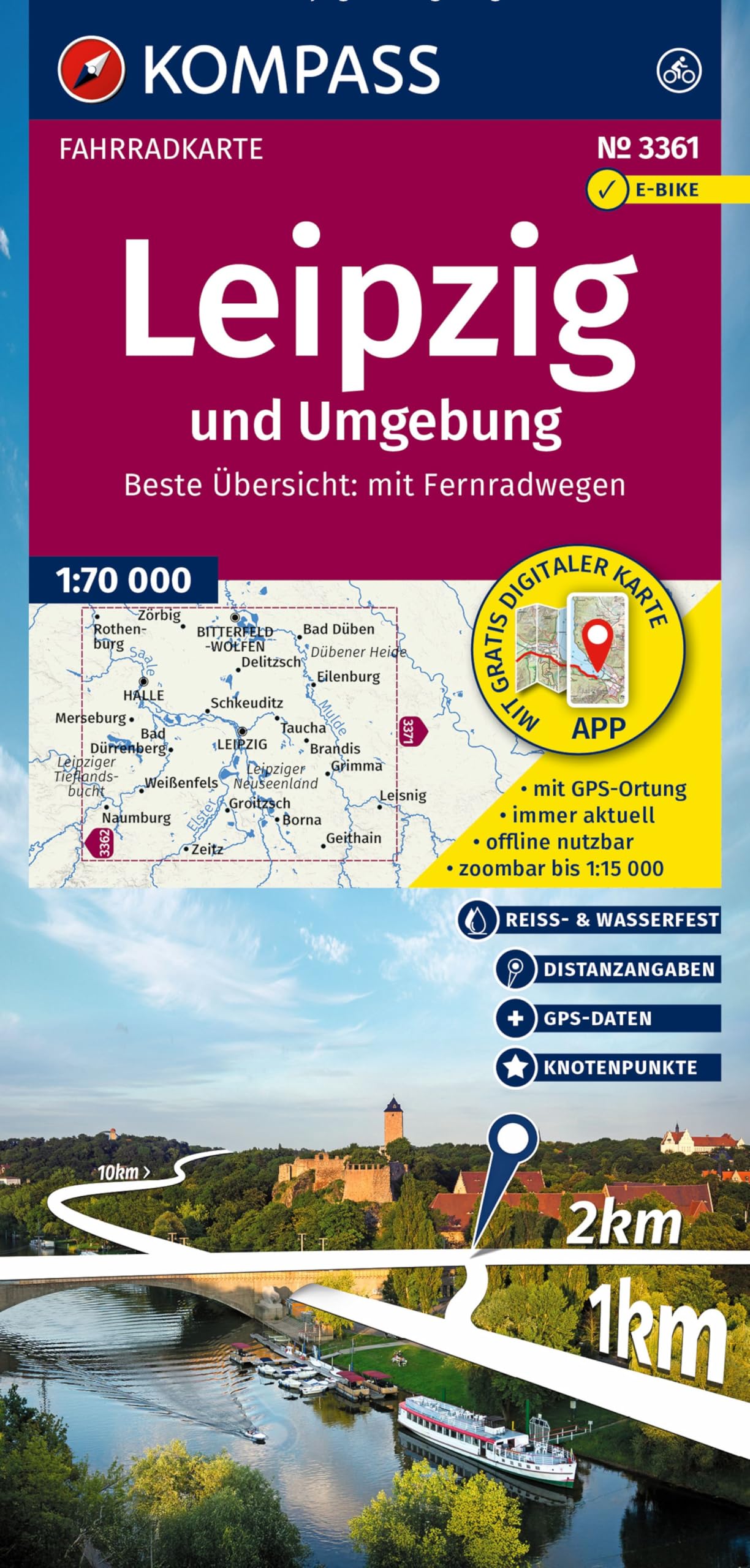 KOMPASS Fahrradkarte 3361 Leipzig und Umgebung mit Knotenpunkten 1:70.000 Leisure, Home & Garden