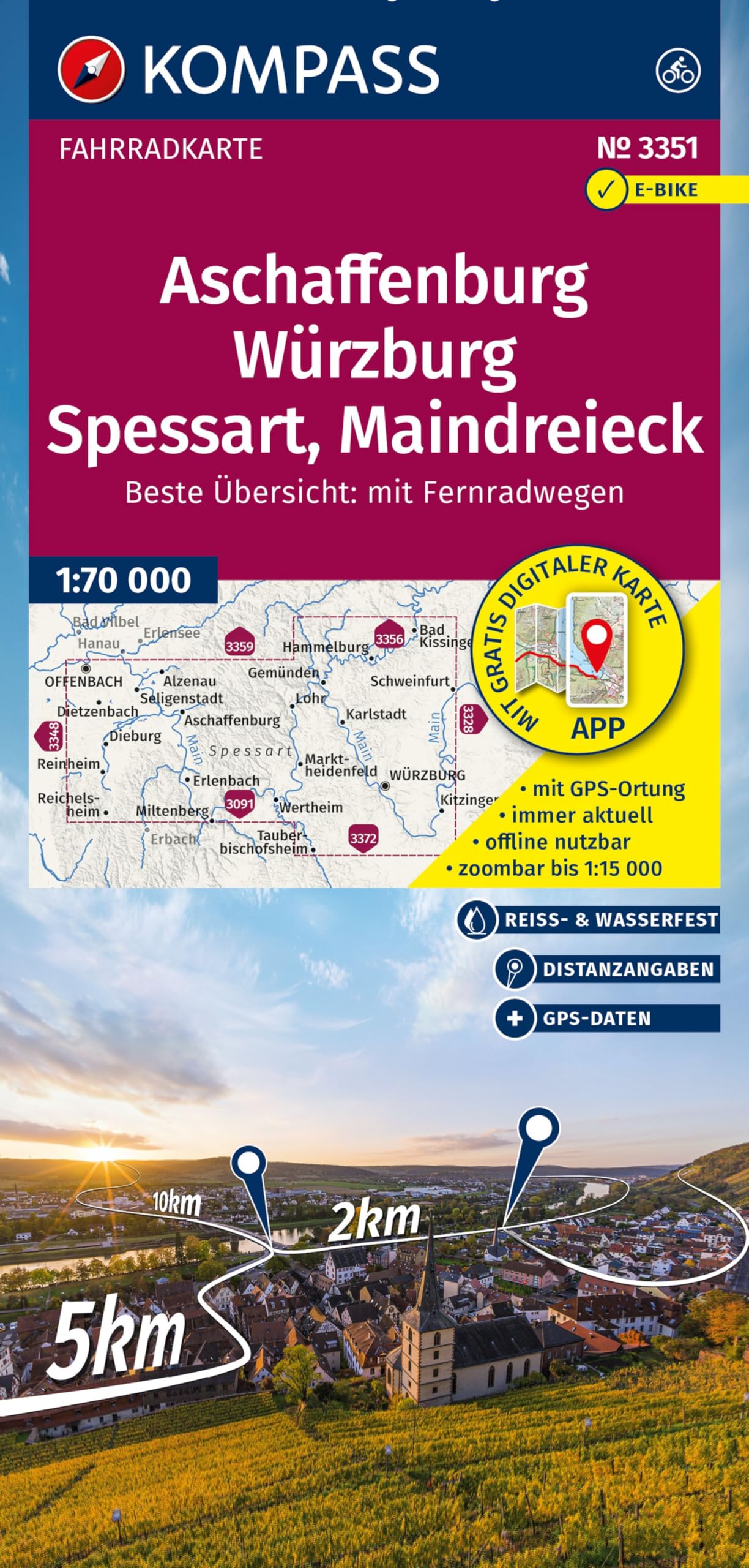 KOMPASS Fahrradkarte 3351 Aschaffenburg, Würzburg, Spessart, Maindreieck 1:70.000 Leisure, Home & Garden