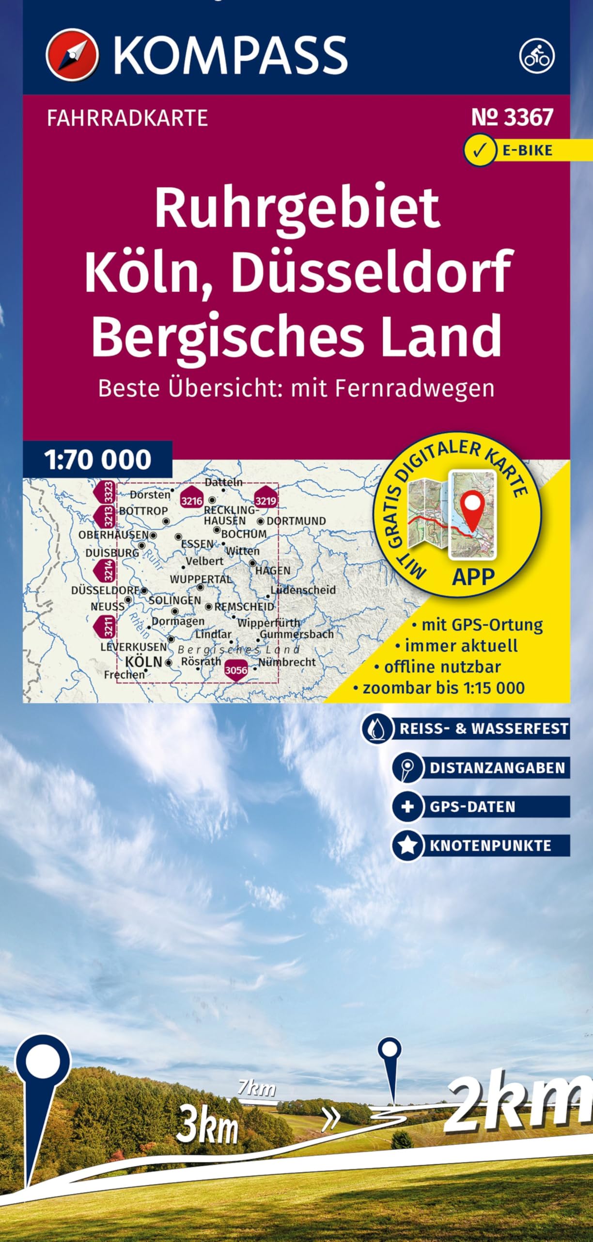 KOMPASS Fahrradkarte 3367 Ruhrgebiet, Köln, Düsseldorf, Bergisches Land mit Knotenpunkten 1:70.000 Leisure, Home & Garden