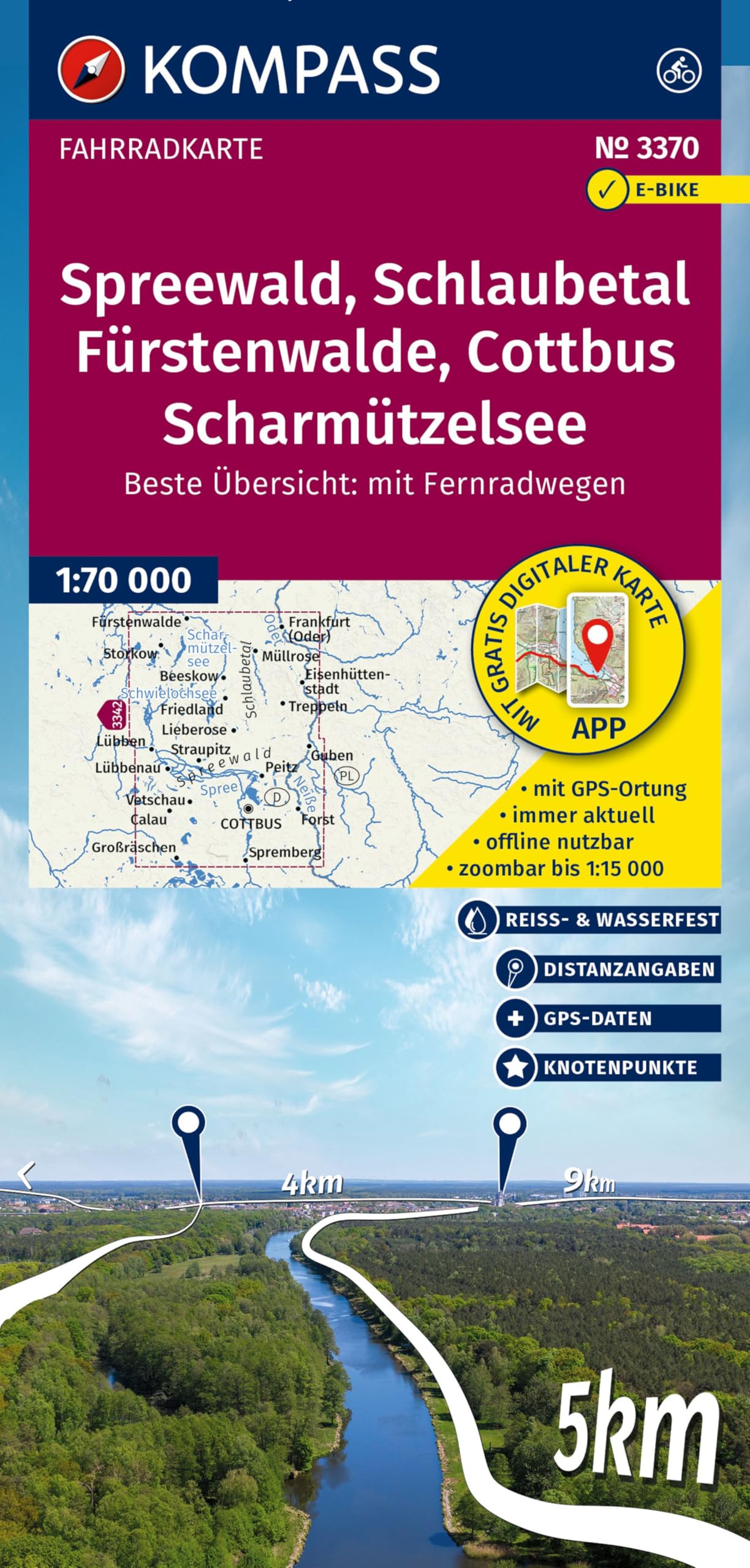 KOMPASS Fahrradkarte 3370 Spreewald, Schlaubetal, Fürstenwalde, Cottbus, Scharmützelsee mit Knotenpunkten 1:70.000 Leisure, Home & Garden