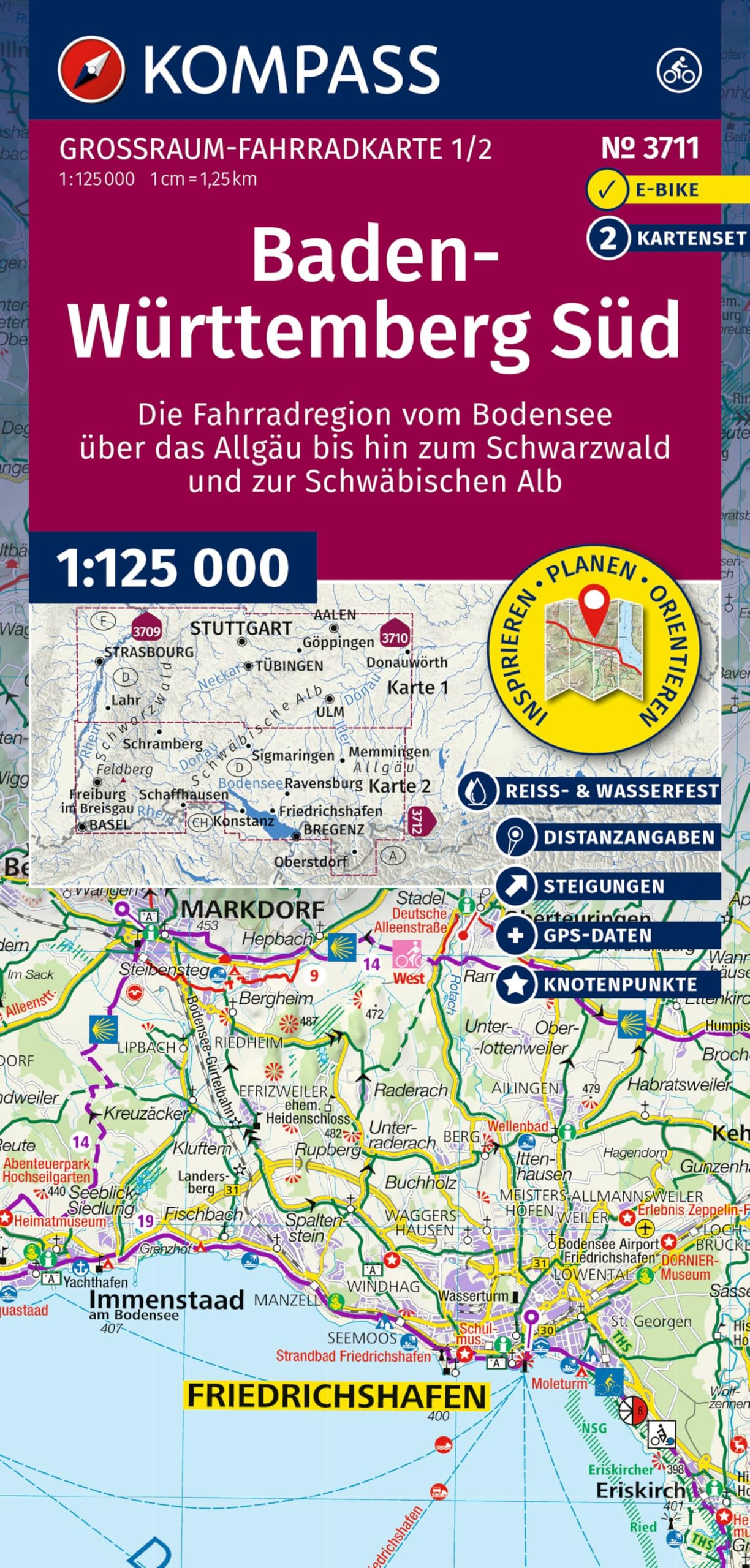 KOMPASS Großraum Fahrradkarte 3711 Baden-Württemberg Süd, die Fahrradregion vom Bodensee über das Allgäu bis zum Schwarzwald und der Schwäbischen Alb; mit Knotenpunkten 1:125.000 book