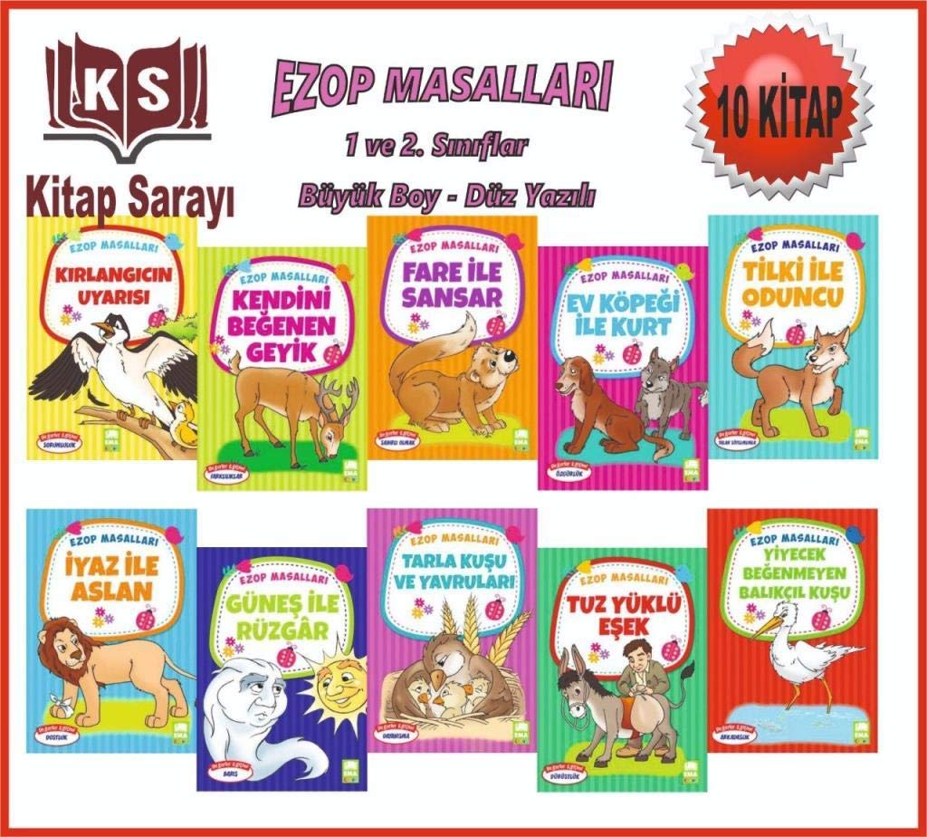 Ezop Masalları Seti 1 ve 2. Sınıflar için Düz Yazılı (10 Kitap Takım, Büyük Boy) Books