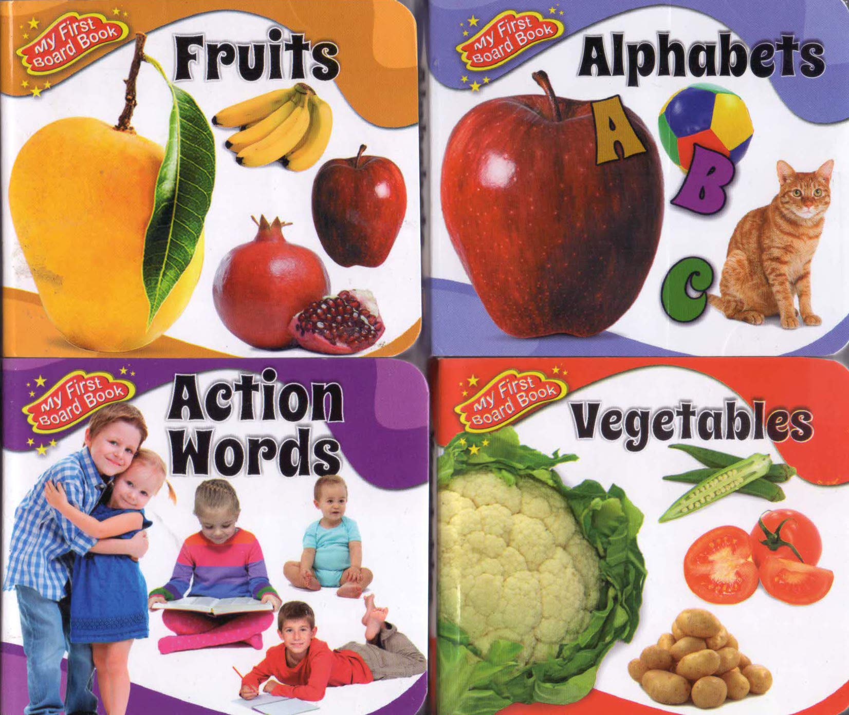ALPHABET, FRUITS, ACTION WORDS, VEGETABLES BOARD BOOK SET OF 4 BOOKS alka Books