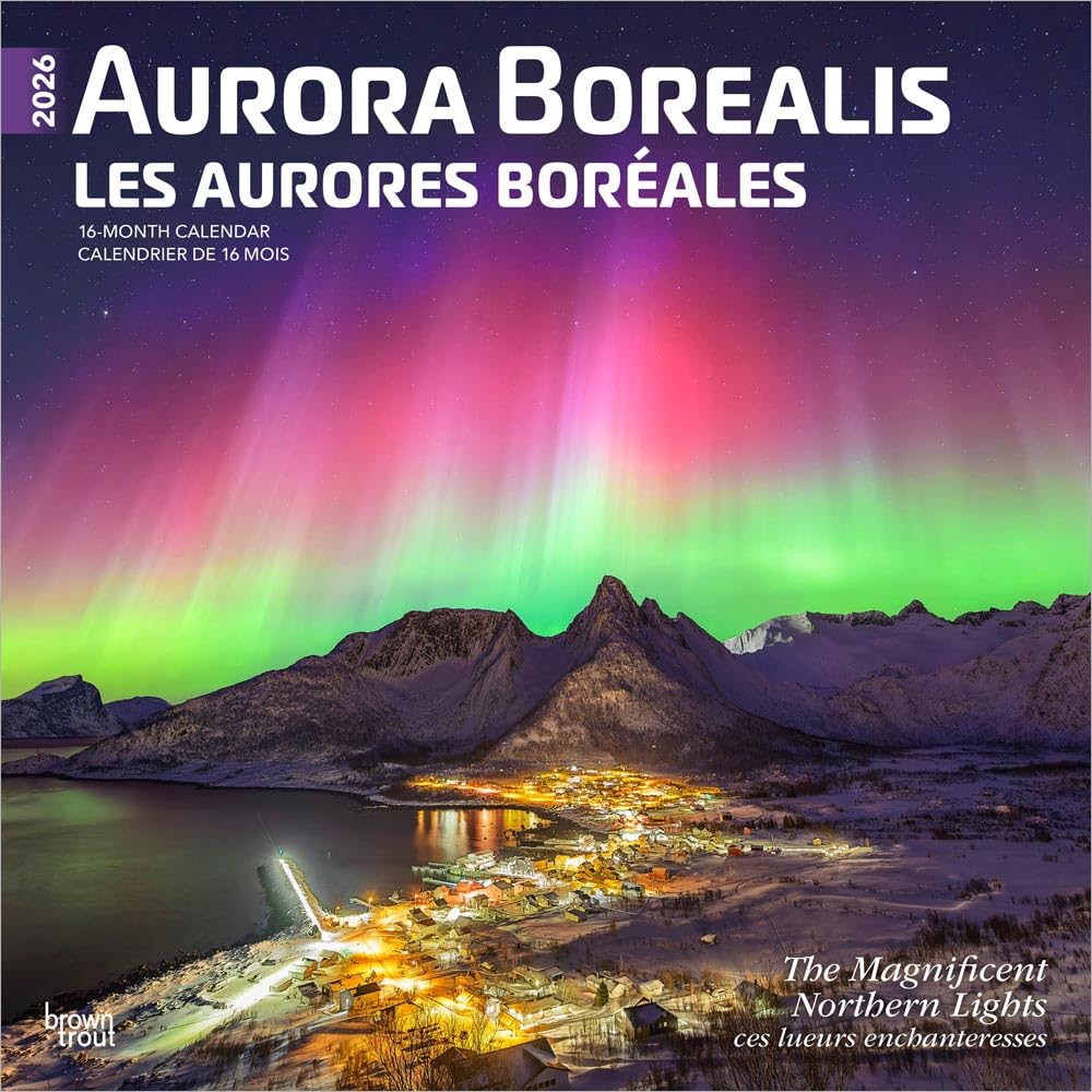 Aurora Borealis | 2026 12 x 24 Inch (Hanging) Monthly Square Wall Calendar | Foil Stamped Cover | English/French Bilingual | Plastic-Free | BrownTrout | USA Alaska Northern Lights Geology & Geography