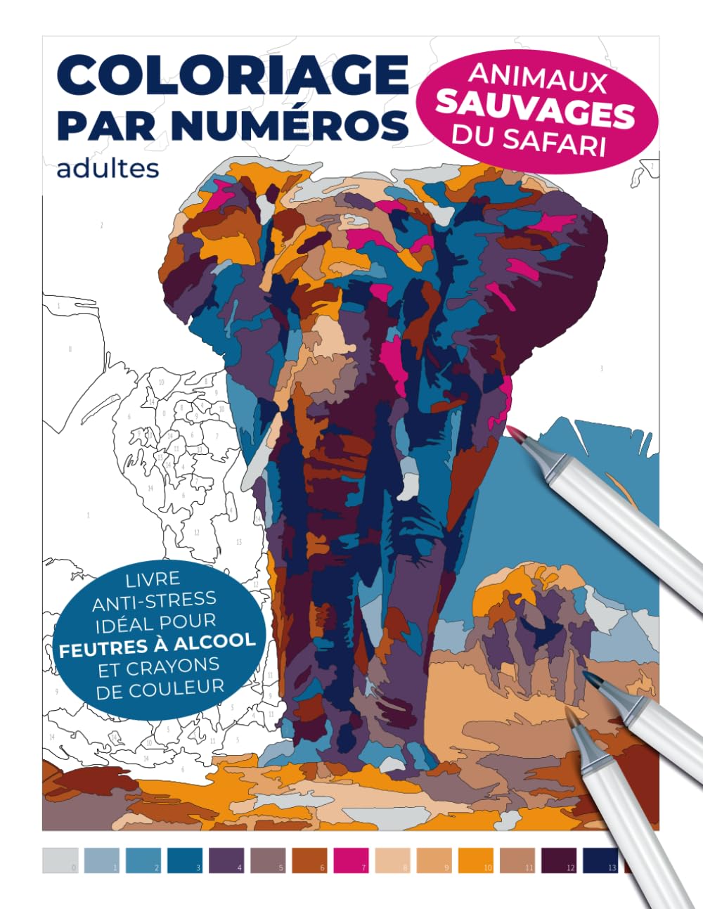 Coloriage par numéros adultes | Animaux sauvages du safari | Livre anti-stress idéal pour feutres à alcool et crayons de couleur: Explorez des ... votre créativité à travers l'art-thérapie book