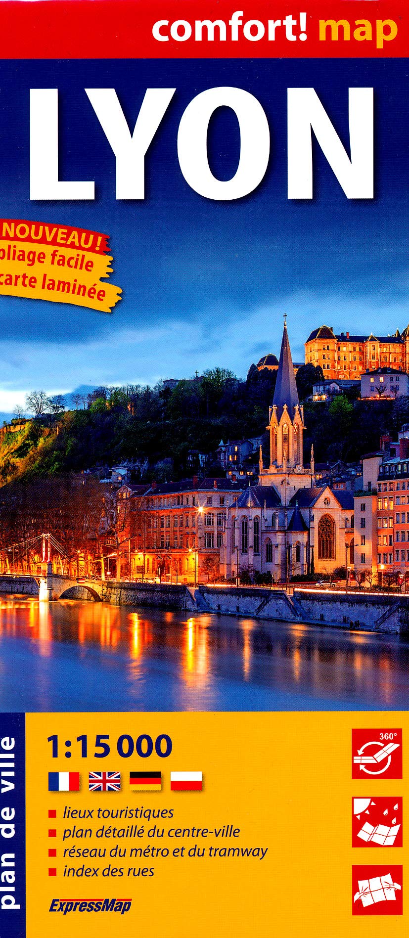 Comfort! map Lyon: Plan de ville. Lieux touristiques, plan detaillé du centre ville, réseau du métro et du tramway, index des rues. Laminiert Leisure, Home & Garden
