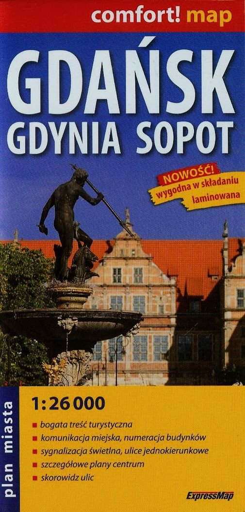 Comfort! map Gdansk, Gdynia, Sopot: Bogeta tresc turystyczna, komunikacja miejska, numeracja budynków, sygnalizacja swietlna, ulice jednokierunkowe, szcegolowe plany Centrum, skorowidz ulic. Laminiert Maps & Plans