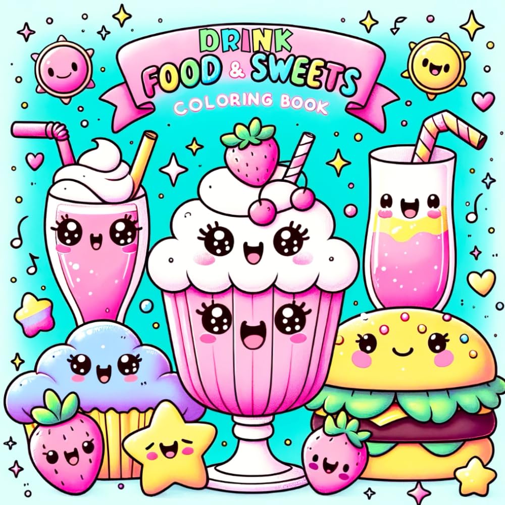 Food Drink and Sweets Coloring Book: Cute and Groovy Kawaii Treats - Featuring Bold and Easy Snacks, Desserts, and Fruits for Kids with Simple Designs Cooking & Enjoying