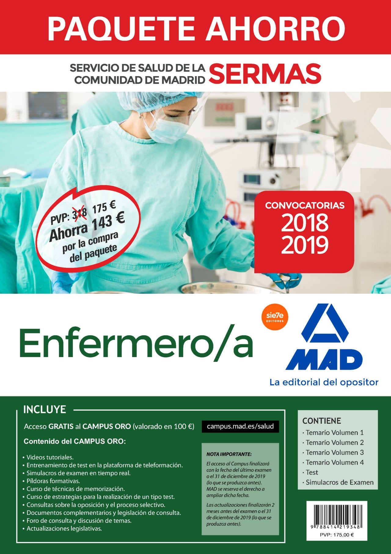Paquete Ahorro Enfermero/a Servicio de Salud de la Comunidad de Madrid.Ahorro de 143 € (incluye Temarios 1, 2, 3 y 4; Test; Simulacros de Examen y acceso a Campus Oro) Books