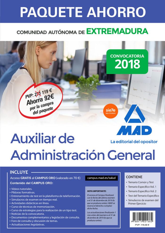 Paquete Ahorro Auxiliar de Administración General de Extremadura. Ahorra 92 € (incluye Temario y test común; Temarios específicos 1 y 2; Test ... examen primer ejercicio y acceso Campus Oro) Books