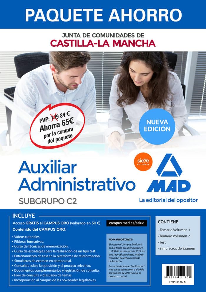 Paquete Ahorro Auxiliar Administrativo de la Junta de Comunidades de Castilla-La Mancha. Ahorra 65 € (incluye Temario 1; Temario 2; Test; Simulacros de examen y acceso Campus Oro) Books