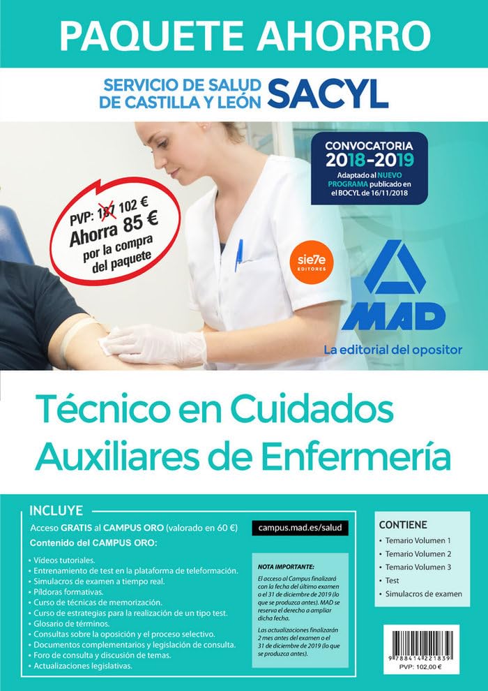 Paquete Ahorro Técnico/a en Cuidados Auxiliares de Enfermería del Servicio de Salud de Castilla y León (SACYL). Ahorra 85 € (Temario volúmenes 1, 2 y ... Simulacros de examen; acceso a Campus Oro) Books