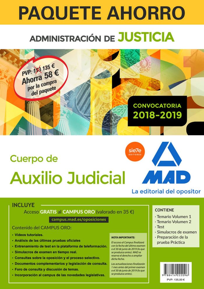 Paquete Ahorro Auxilio Judicial. Ahorra 58 € (incluye Temario volúmenes 1 y 2; Test; Preparación prueba práctica; Simulacros examen y acceso Campus Oro) Books