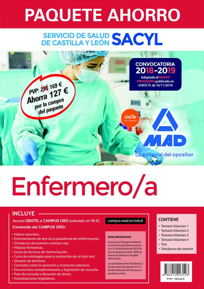 Paquete Ahorro Enfermero/a del Servicio de Salud de Castilla y León (SACYL). Ahorra 127 € (Temario volúmenes 1, 2, 3 y 4; Test; Simulacros de examen; acceso a Campus Oro) Books