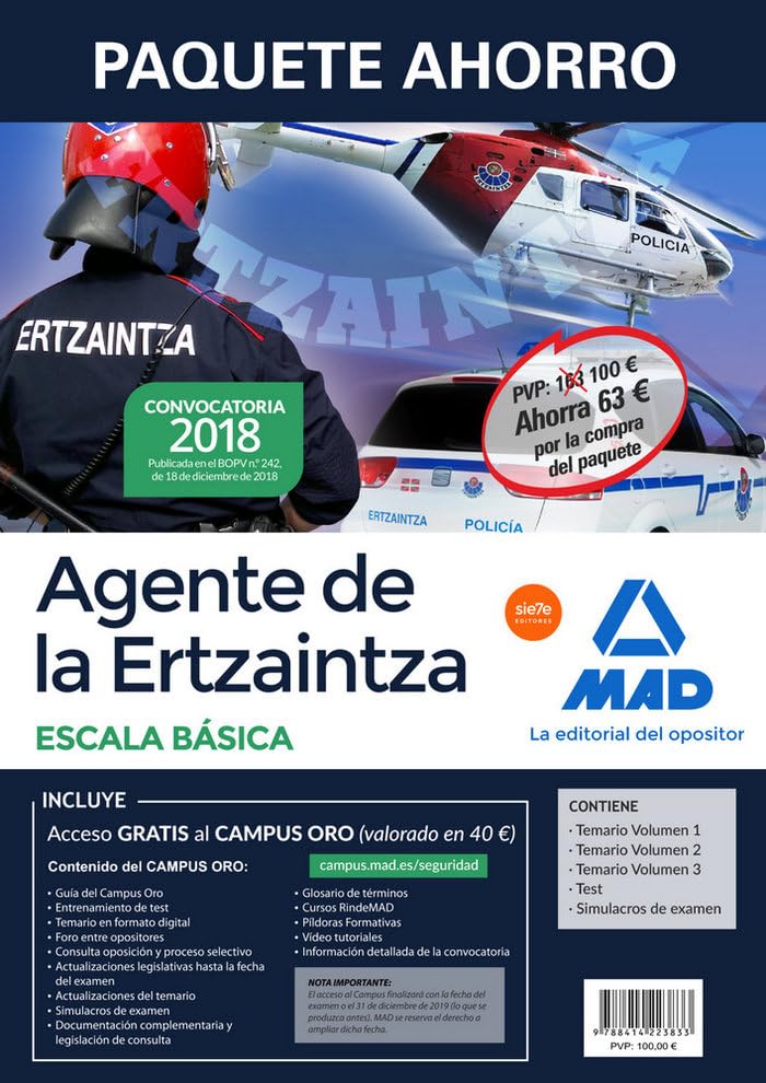 Paquete Ahorro BÁSICO Agente de la Ertzaintza Escala Básica. Ahorra 63 € (incluye Temario 1, 2 y 3; Test; Simulacros de examen; acceso Campus Oro) Books
