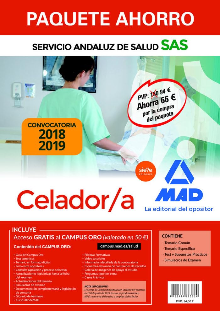Paquete Ahorro Celador/a del Servicio Andaluz de Salud. Ahorra 66 € (incluye Temario común, Temario específico, Test y supuestos prácticos, Simulacros de examen y acceso Campus Oro) Books