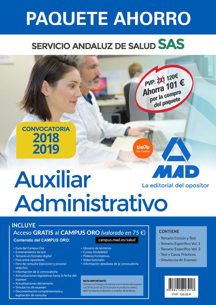 Paquete Ahorro Auxiliar Administrativo del Servicio Andaluz de Salud. Ahorra 101 € (incluye Temario común y test; Temario específico vol 1 y 2; Test y ... Simulacros de examen; acceso Campus Oro) Books
